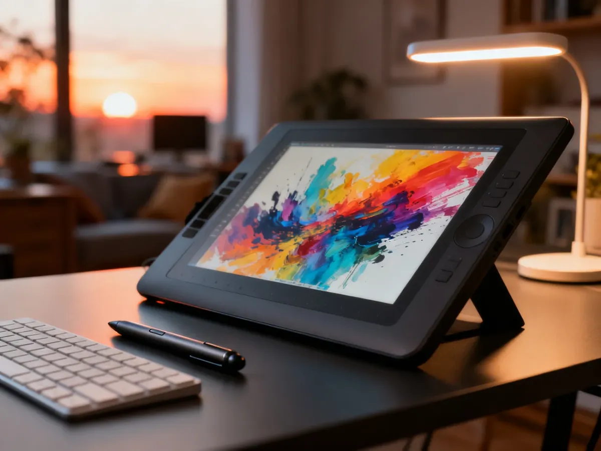 Stanowisko pracy artysty cyfrowego z tabletem graficznym, na którym powstaje kolorowy obraz w programie Photoshop.