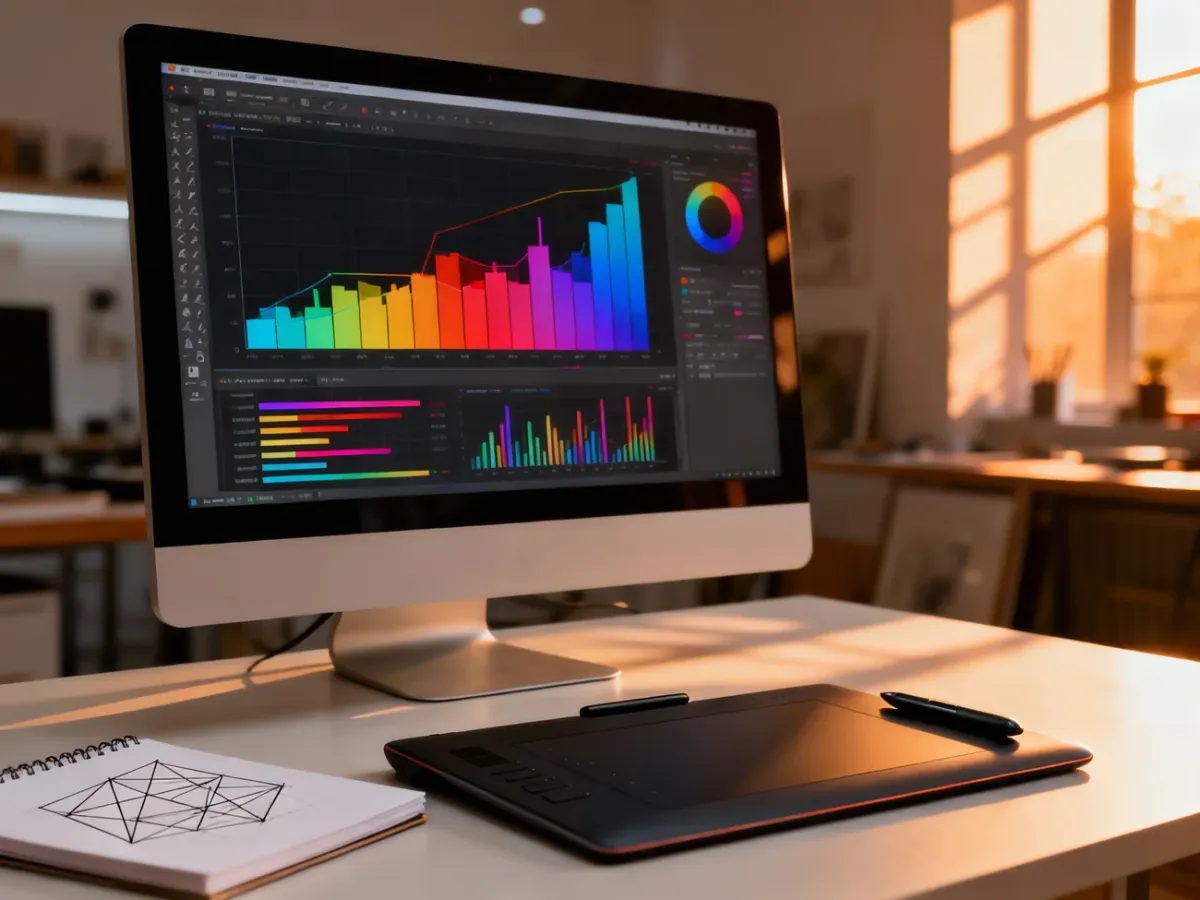 Profesjonalne stanowisko pracy z monitorem wyświetlającym wykres w programie Adobe Illustrator oraz tabletem graficznym.