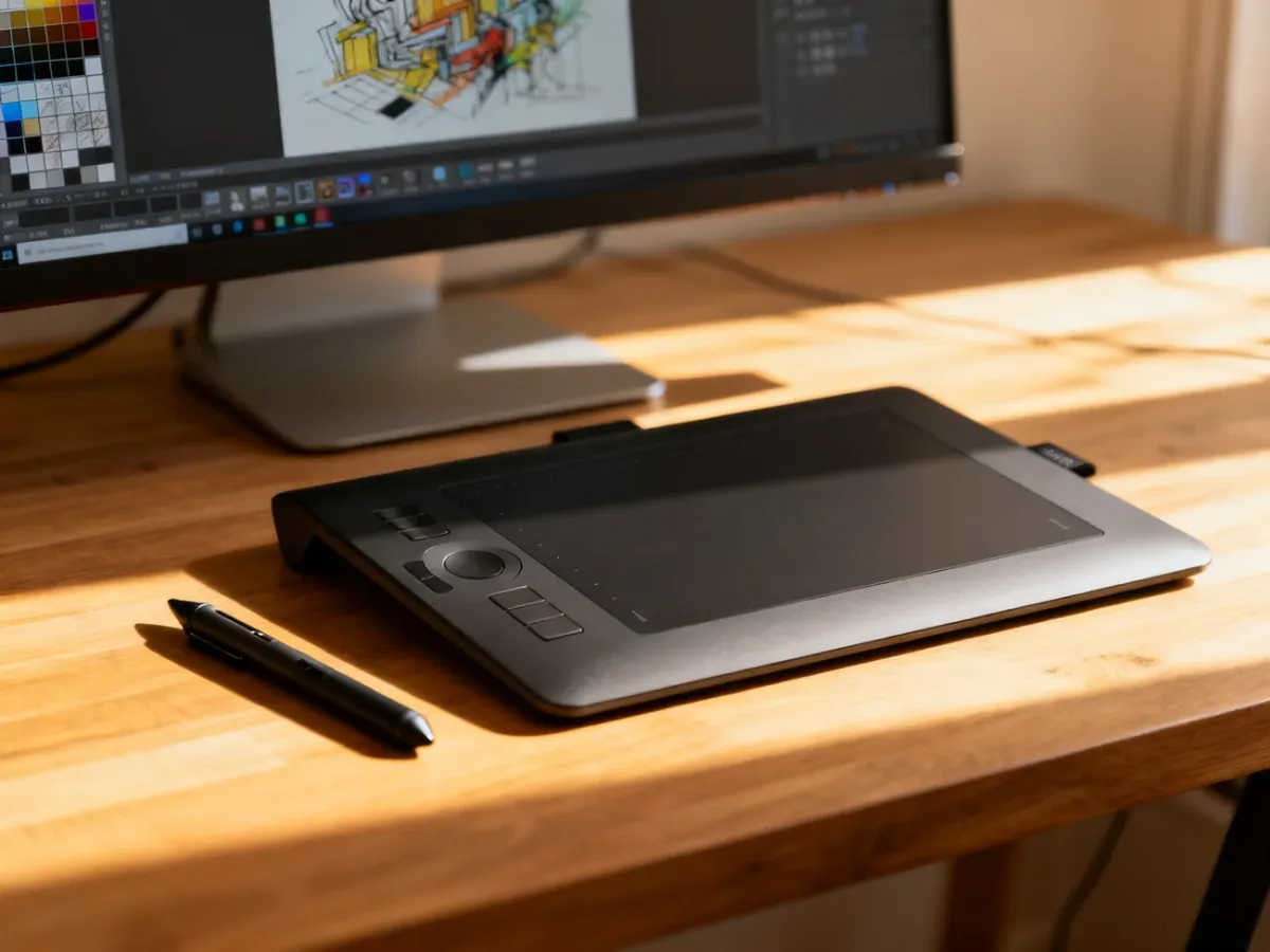 Profesjonalny tablet graficzny z rysikiem na biurku, w tle monitor z otwartym programem graficznym w słonecznym świetle.