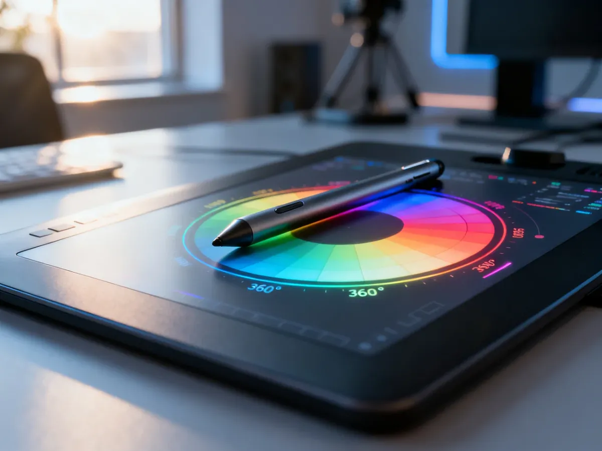 Profesjonalny tablet graficzny z wyświetlonym kołem barw i rysikiem, gotowy do pracy nad projektem w programie Photoshop.