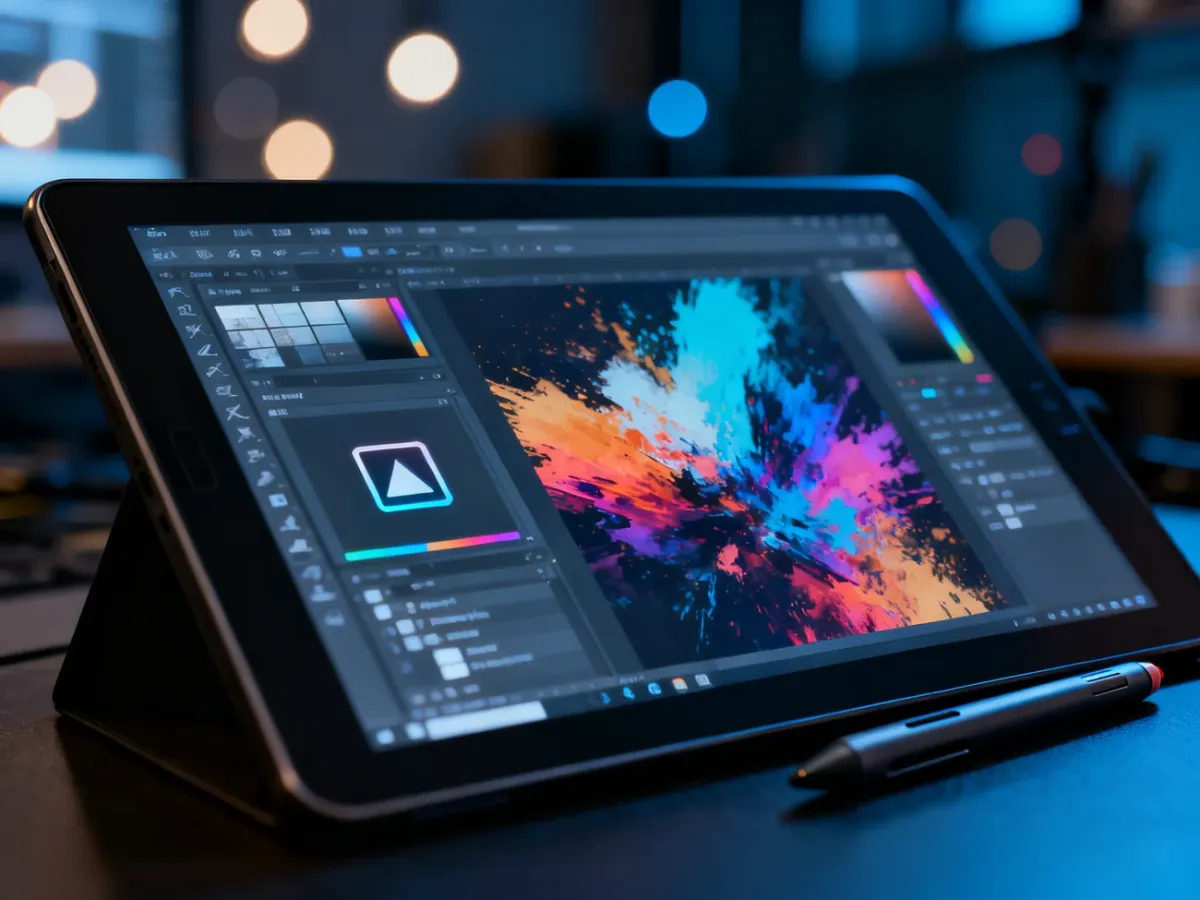 Tablet graficzny z otwartym programem Photoshop, prezentujący warstwy i ikonę maski warstwy w profesjonalnym studio.